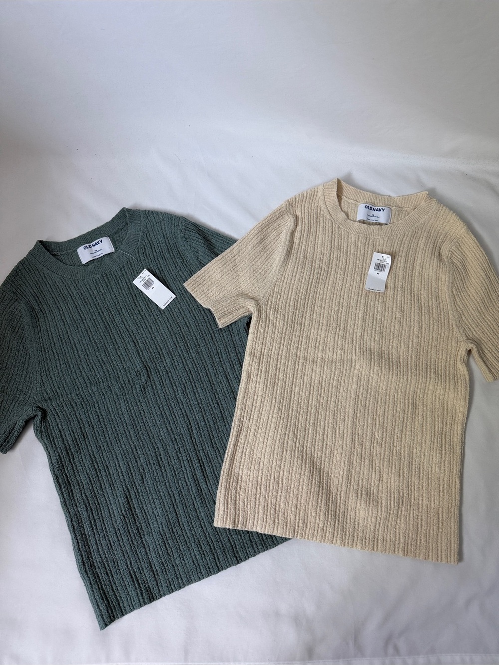 Bundle of 2 NWT Old Navy Short Sleeve Ribbed Knit Top - Green & Beige